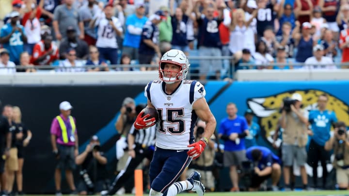 JACKSONVILLE, FL – SEPTEMBER 16: Chris Hogan #15 of the New England Patriots crosses the goal line for a touchdown during the game against the Jacksonville Jaguars at TIAA Bank Field on September 16, 2018 in Jacksonville, Florida. (Photo by Sam Greenwood/Getty Images)