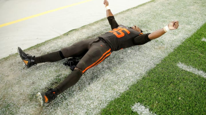 CLEVELAND, OH - SEPTEMBER 20: Myles Garrett #95 of the Cleveland Browns celebrates after a 21-17 win over the New York Jets at FirstEnergy Stadium on September 20, 2018 in Cleveland, Ohio. (Photo by Joe Robbins/Getty Images)