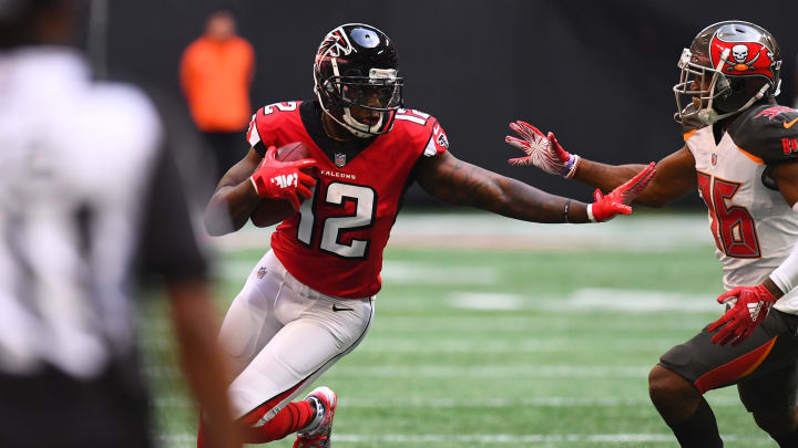 ATLANTA, GA – OCTOBER 14: Mohamed Sanu #12 of the Atlanta Falcons runs after a pass reception during the second quarter against the Tampa Bay Buccaneers at Mercedes-Benz Stadium on October 14, 2018 in Atlanta, Georgia. (Photo by Scott Cunningham/Getty Images)