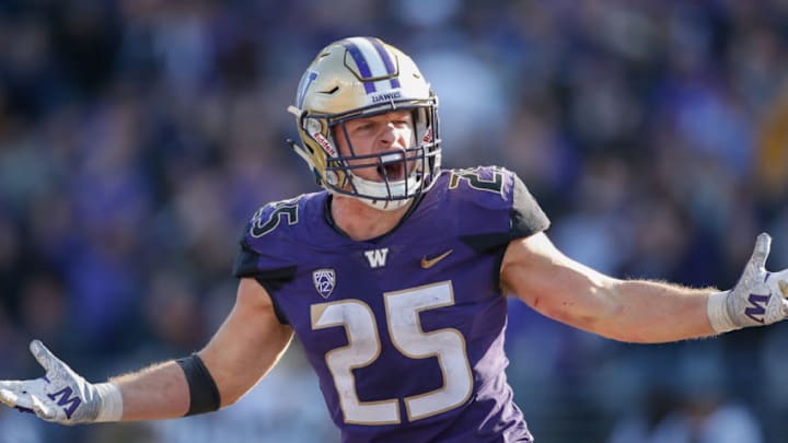 SEATTLE, WA - OCTOBER 20: Linebacker Ben Burr-Kirven #25 of the Washington Huskies reacts after making an interception in the fourth quarter against the Colorado Buffaloes at Husky Stadium on October 20, 2018 in Seattle, Washington. (Photo by Otto Greule Jr/Getty Images) SEATTLE, WA - OCTOBER 20: Linebacker Ben Burr-Kirven #25 of the Washington Huskies reacts after making an interception in the fourth quarter against the Colorado Buffaloes at Husky Stadium on October 20, 2018 in Seattle, Washington. (Photo by Otto Greule Jr/Getty Images)