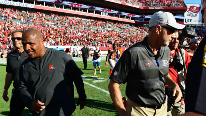 TAMPA, FL - OCTOBER 21: Head coach Dirk Koetter of the Tampa Bay Buccaneers and head coach Hue Jackson of the Cleveland Browns shake hands after a football game on October 21, 2018 at Raymond James Stadium in Tampa, Florida. The Buccaneers won 26-23 in overtime. (Photo by Julio Aguilar/Getty Images)