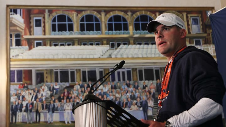 LONDON, ENGLAND – OCTOBER 29: Head coach of the Denver Broncos Josh McDaniels speaks to the media during a press conference prior to the start of a team training session at The Brit Oval on October 29, 2010 in London, England. The Denver Broncos will play the San Francisco 49ers at Wembley Stadium on October 31. (Photo by Chris McGrath/Getty Images)