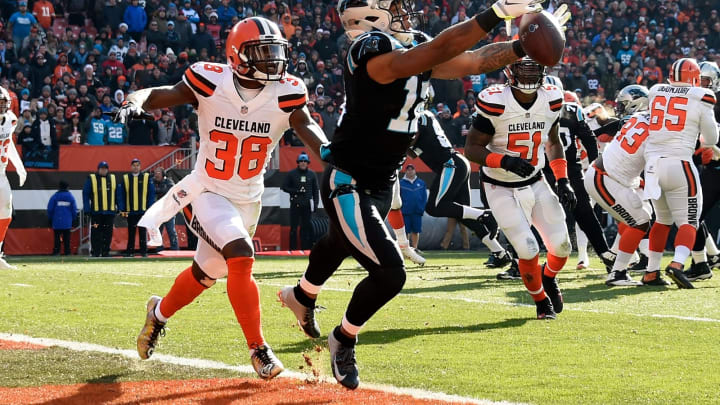 CLEVELAND, OH – DECEMBER 09: D.J. Moore #12 of the Carolina Panthers can’t make a catch in front of T.J. Carrie #38 of the Cleveland Browns during the first quarter at FirstEnergy Stadium on December 9, 2018 in Cleveland, Ohio. (Photo by Jason Miller/Getty Images)