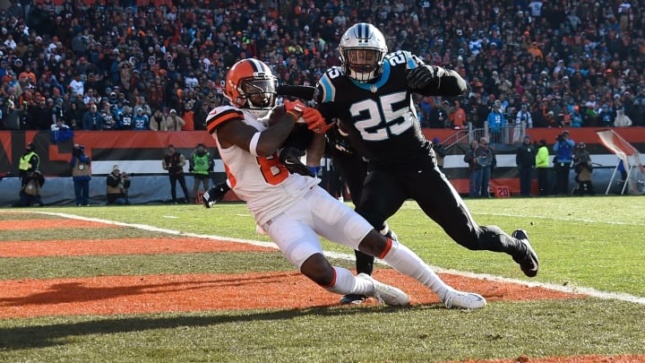 CLEVELAND, OH – DECEMBER 09: Jarvis Landry #80 of the Cleveland Browns makes a 51 yard touchdown catch in front of Eric Reid #25 of the Carolina Panthers during the second quarter at FirstEnergy Stadium on December 9, 2018 in Cleveland, Ohio. (Photo by Jason Miller/Getty Images)