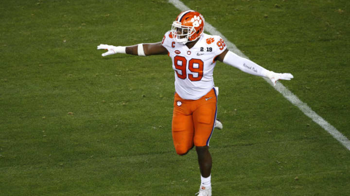 SANTA CLARA, CALIFORNIA - JANUARY 07: Clelin Ferrell #99 of the Clemson Tigers celebrates a defensive play against the Alabama Crimson Tide in the College Football Playoff National Championship at Levi's Stadium on January 07, 2019 in Santa Clara, California. (Photo by Lachlan Cunningham/Getty Images)