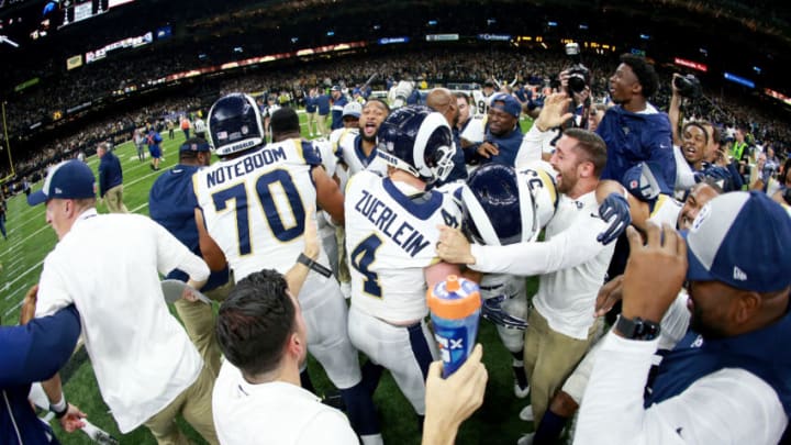NEW ORLEANS, LOUISIANA - JANUARY 20: Greg Zuerlein #4 of the Los Angeles Rams celebrates after kicking the game winning field goal in overtime against the New Orleans Saints in the NFC Championship game at the Mercedes-Benz Superdome on January 20, 2019 in New Orleans, Louisiana. The Los Angeles Rams defeated the New Orleans Saints with a score of 26 to 23. (Photo by Sean Gardner/Getty Images)