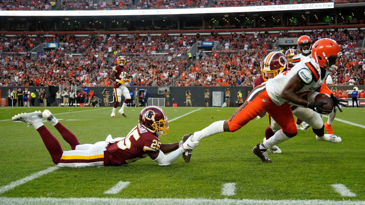 CLEVELAND, OH – AUGUST 8: Jimmy Moreland #25 of the Washington Redskins tackles Rashard Higgins #81 of the Cleveland Browns during the first quarter at FirstEnergy Stadium on August 8, 2019 in Cleveland, Ohio. (Photo by Kirk Irwin/Getty Images)