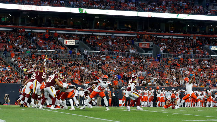 CLEVELAND, OH – AUGUST 8: Austin Seibert #2 of the Cleveland Browns kicks an extra point during the second quarter of the game against the Washington Redskins at FirstEnergy Stadium on August 8, 2019 in Cleveland, Ohio. (Photo by Kirk Irwin/Getty Images)