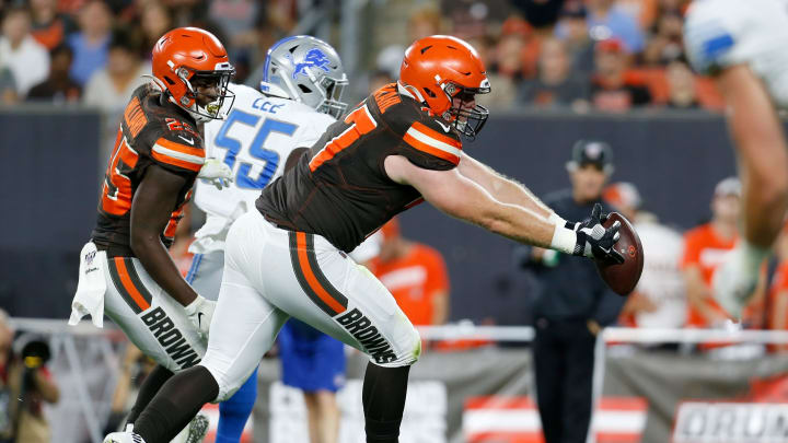 CLEVELAND, OH – AUGUST 29: Travis Vornkahl #77 of the Cleveland Browns catches a pass off of a deflection during the second quarter of the preseason game against the Detroit Lions at FirstEnergy Stadium on August 29, 2019 in Cleveland, Ohio. (Photo by Kirk Irwin/Getty Images)