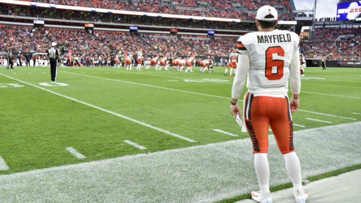 CLEVELAND, OHIO - AUGUST 08: Quarterback Baker Mayfield #6 of the Cleveland Browns watches from the sidelines during the first half of a preseason game against the Washington Redskins at FirstEnergy Stadium on August 08, 2019 in Cleveland, Ohio. (Photo by Jason Miller/Getty Images)