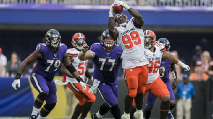 BALTIMORE, MD – SEPTEMBER 29: Devaroe Lawrence #99 of the Cleveland Browns intercepts a pass against the Baltimore Ravens during the second half at M&T Bank Stadium on September 29, 2019 in Baltimore, Maryland. (Photo by Scott Taetsch/Getty Images)