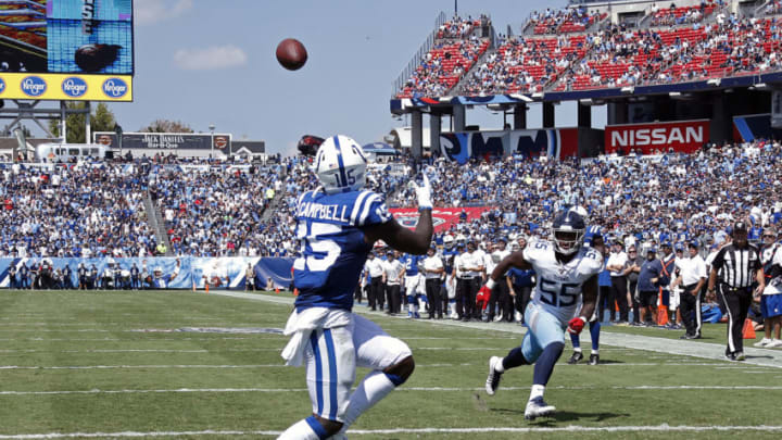 NASHVILLE, TENNESSEE - SEPTEMBER 15: Parris Campbell #15 of the Indianapolis Colts catches a touchdown pass against Jayon Brown #55 of the Tennessee Titans during the first half at Nissan Stadium on September 15, 2019 in Nashville, Tennessee. (Photo by Frederick Breedon/Getty Images)