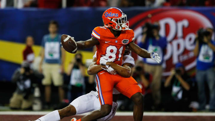 ATLANTA, GA – DECEMBER 03: Antonio Callaway #81 of the Florida Gators scores a first quarter touchdown as Minkah Fitzpatrick #29 of the Alabama Crimson Tide defends during the SEC Championship game at the Georgia Dome on December 3, 2016 in Atlanta, Georgia. (Photo by Kevin C. Cox/Getty Images)