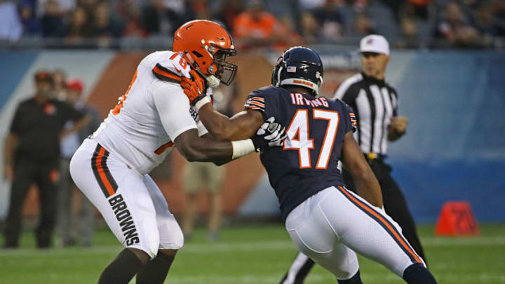 CHICAGO, IL - AUGUST 31: Roderick Johnson #78 of the Cleveland Browns blocks Isaiah Irving #47 of the Chicago Bears during a preseason game at Soldier Field on August 31, 2017 in Chicago, Illinois. The Browns defeated the Bears 25-0. (Photo by Jonathan Daniel/Getty Images)