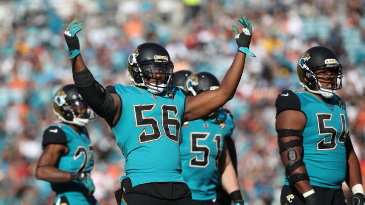 JACKSONVILLE, FL - NOVEMBER 05: Dante Fowler #56 of the Jacksonville Jaguars celebrates a play on the field in the second half of their game against the Cincinnati Bengals at EverBank Field on November 5, 2017 in Jacksonville, Florida. (Photo by Logan Bowles/Getty Images)