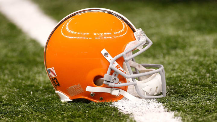 NEW ORLEANS – OCTOBER 24: A helmet of the Cleveland Browns sits on the turf during pregame before playing the New Orleans Saints at the Louisiana Superdome on October 24, 2010 in New Orleans, Louisiana. (Photo by Chris Graythen/Getty Images)