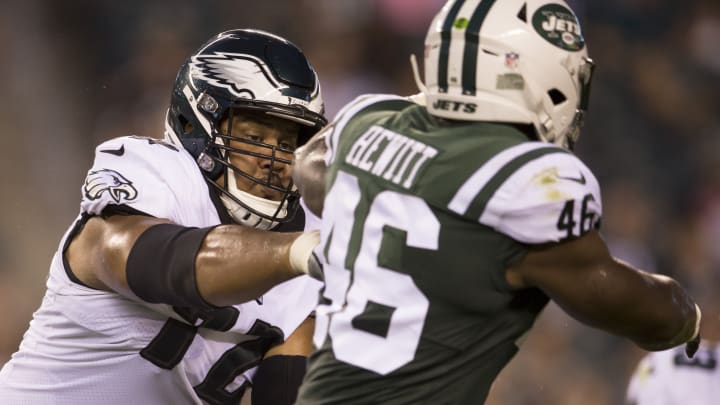 PHILADELPHIA, PA – AUGUST 30: Halapoulivaati Vaitai #72 of the Philadelphia Eagles blocks Neville Hewitt #46 of the New York Jets in the first quarter during the preseason game at Lincoln Financial Field on August 30, 2018 in Philadelphia, Pennsylvania. (Photo by Mitchell Leff/Getty Images)