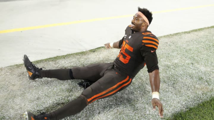 CLEVELAND, OH - SEPTEMBER 20: Myles Garrett #95 of the Cleveland Browns reacts after the win against the New York Jets at FirstEnergy Stadium on September 20, 2018 in Cleveland, Ohio. The Browns won 21-17. (Photo by Joe Robbins/Getty Images)