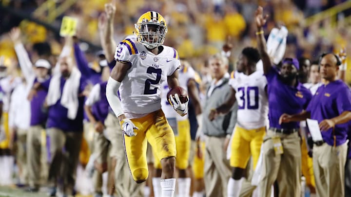 BATON ROUGE, LA – SEPTEMBER 29: Wide receiver Justin Jefferson #2 of the LSU Tigers scores a 65 yard touchdown against the Mississippi Rebels at Tiger Stadium on September 29, 2018 in Baton Rouge, Louisiana. (Photo by Marianna Massey/Getty Images)