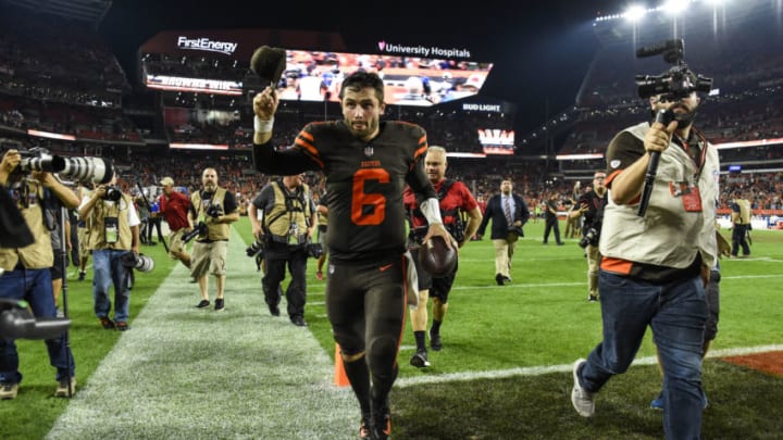 CLEVELAND, OH - SEPTEMBER 20: Baker Mayfield #6 of the Cleveland Browns runs off the field after a 21-17 win over the New York Jets at FirstEnergy Stadium on September 20, 2018 in Cleveland, Ohio. (Photo by Jason Miller/Getty Images) Baker Mayfield