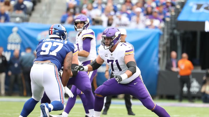 EAST RUTHERFORD, NEW JERSEY – OCTOBER 06: Riley Reiff #71 of the Minnesota Vikings in action against the Ne wyork Giants during their game at MetLife Stadium on October 06, 2019 in East Rutherford, New Jersey. (Photo by Al Bello/Getty Images)