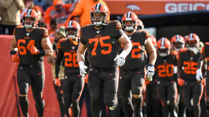 DENVER, CO - NOVEMBER 3: Joel Bitonio #75 of the Cleveland Browns leads teammates onto the field before a game against the Denver Broncos at Empower Field at Mile High on November 3, 2019 in Denver, Colorado. (Photo by Dustin Bradford/Getty Images)
