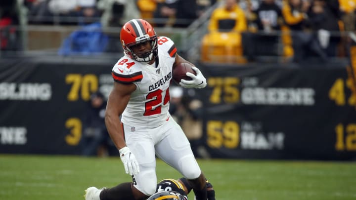 PITTSBURGH, PA – DECEMBER 01: Nick Chubb #24 of the Cleveland Browns rushes against Terrell Edmunds #34 of the Pittsburgh Steelers in the first half on December 1, 2019 at Heinz Field in Pittsburgh, Pennsylvania. (Photo by Justin K. Aller/Getty Images)