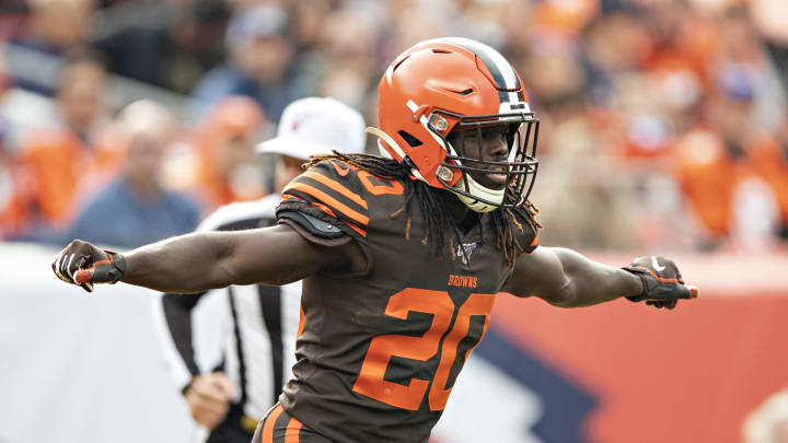 DENVER, CO – NOVEMBER 3: Tavierre Thomas #20 of the Cleveland Browns signals on a kick off that the ball is out of the end zone during a game against the Denver Broncos at Broncos Stadium at Mile High on November 3, 2019 in Denver, Colorado. The Broncos defeated the Browns 24-19. (Photo by Wesley Hitt/Getty Images)