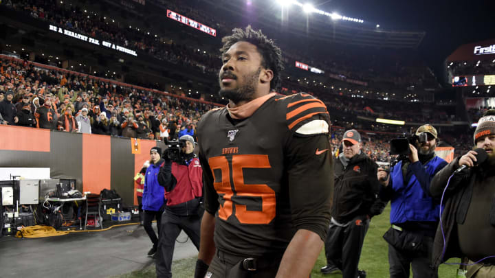 CLEVELAND, OHIO – NOVEMBER 14: Defensive end Myles Garrett #95 of the Cleveland Browns walks off the field after the game against the Pittsburgh Steelers at FirstEnergy Stadium on November 14, 2019 in Cleveland, Ohio. The Browns defeated the Steelers 21-7. (Photo by Jason Miller/Getty Images)