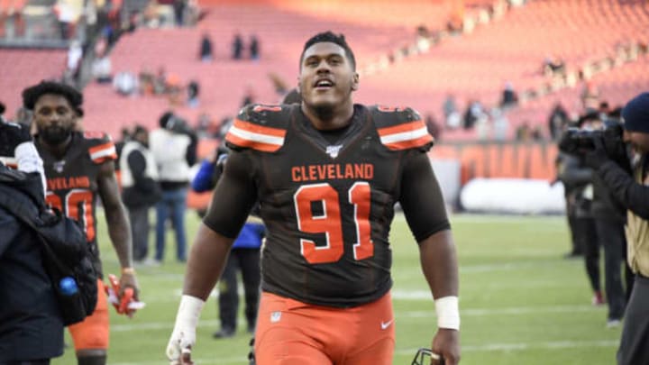 CLEVELAND, OHIO – NOVEMBER 24: Defensive tackle Eli Ankou #91 of the Cleveland Browns walls off the field after the game against the Miami Dolphins at FirstEnergy Stadium on November 24, 2019 in Cleveland, Ohio. (Photo by Jason Miller/Getty Images)”n