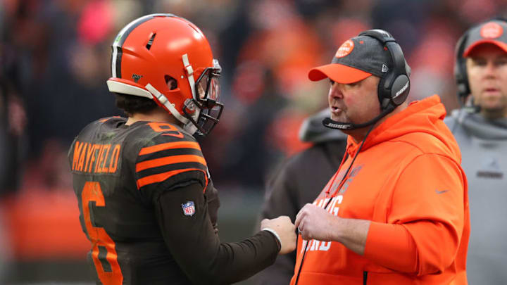 CLEVELAND, OHIO - DECEMBER 08: Baker Mayfield #6 of the Cleveland Browns fist bumps head coach Freddie Kitchens after a first down play in the second half against the Cincinnati Bengals at FirstEnergy Stadium on December 08, 2019 in Cleveland, Ohio. (Photo by Gregory Shamus/Getty Images)