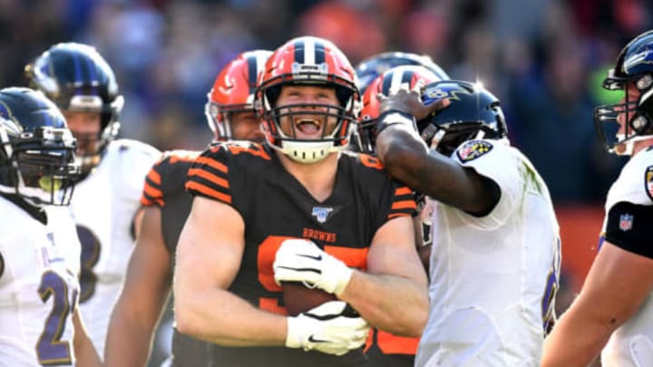 CLEVELAND, OHIO – DECEMBER 22: Porter Gustin #97 of the Cleveland Browns celebrates recovering a fumble against the Baltimore Ravens during the first half in the game at FirstEnergy Stadium on December 22, 2019 in Cleveland, Ohio. (Photo by Jason Miller/Getty Images)