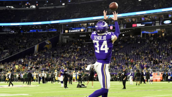 MINNEAPOLIS, MINNESOTA - DECEMBER 23: Strong safety Andrew Sendejo #34 of the Minnesota Vikings warms up before the game against the Green Bay Packers at U.S. Bank Stadium on December 23, 2019 in Minneapolis, Minnesota. (Photo by Hannah Foslien/Getty Images)