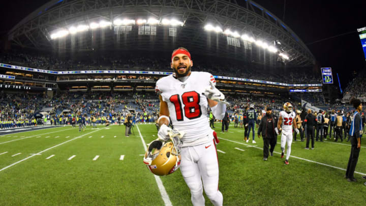 SEATTLE, WASHINGTON - DECEMBER 29: Dante Pettis #18 of the San Francisco 49ers celebrates after the game against the Seattle Seahawks at CenturyLink Field on December 29, 2019 in Seattle, Washington. The San Francisco 49ers top the Seattle Seahawks 26-21. (Photo by Alika Jenner/Getty Images)
