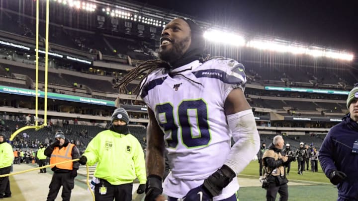 PHILADELPHIA, PENNSYLVANIA - JANUARY 05: Jadeveon Clowney #90 of the Seattle Seahawks celebrates victory after his teams win against the Philadelphia Eagles in the NFC Wild Card Playoff game at Lincoln Financial Field on January 05, 2020 in Philadelphia, Pennsylvania. (Photo by Steven Ryan/Getty Images)