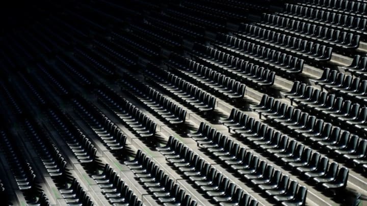 Empty seats are seen at the Borussia Park football stadium in Moenchengladbach, western Germany, on April 16, 2020, amid the novel coronavirus COVID-19 pandemic. - Large-scale public events such as football matches will remain banned in Germany until August 31 due to the coronavirus crisis, Berlin said on Wednesday, April 15, 2020, though it did not rule out allowing Bundesliga games to continue behind closed doors. (Photo by Ina FASSBENDER / AFP) (Photo by INA FASSBENDER/AFP via Getty Images)