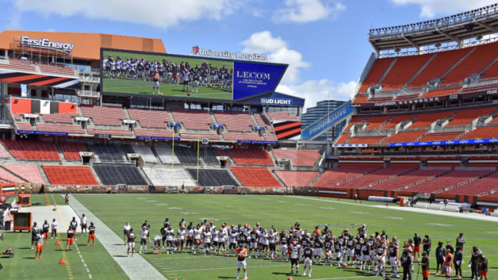 CLEVELAND, OHIO - AUGUST 30: Quarterback Baker Mayfield #6 of the Cleveland Browns and the rest of the team deliver a social justice message during training camp at FirstEnergy Stadium on August 30, 2020 in Cleveland, Ohio. (Photo by Jason Miller/Getty Images)