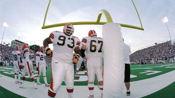 9 Aug 1999: Jerry Ball #93 of the Cleveland Browns stands by the goal post during a game against the Dallas Cowboys at the Fawcett Stadium in Canton,Ohio. The Browns defeated the Cowboys 20-17. Mandatory Credit: Brian Bahr /Allsport
