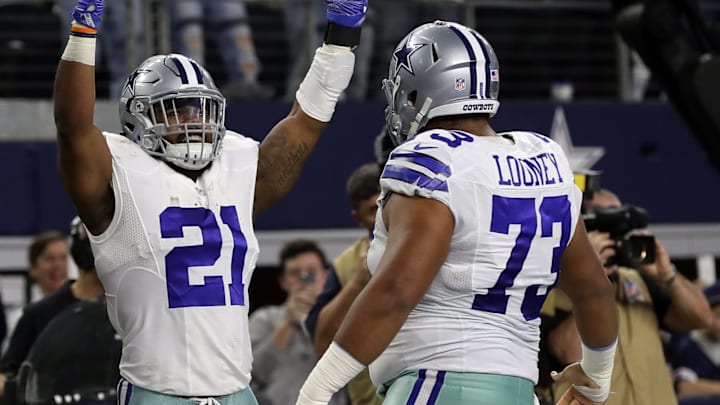 ARLINGTON, TX – DECEMBER 26: Ezekiel Elliott #21 of the Dallas Cowboys celebrates his touchdown with Joe Looney #73 against the Detroit Lions in the third quarter at AT&T Stadium on December 26, 2016 in Arlington, Texas. (Photo by Ronald Martinez/Getty Images)