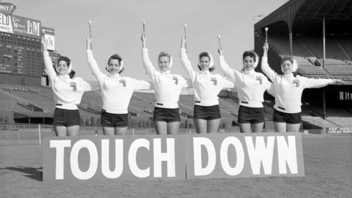 CLEVELAND, OH - SEPTEMBER 9, 1958: Members of the Brownettes cheerleading squad for the Cleveland Browns pose for a portrait on September 9, 1958 at Municipal Stadium in Cleveland, Ohio. 58-243 (Photo by: Henry Barr Collection/Diamond Images/Getty Images)