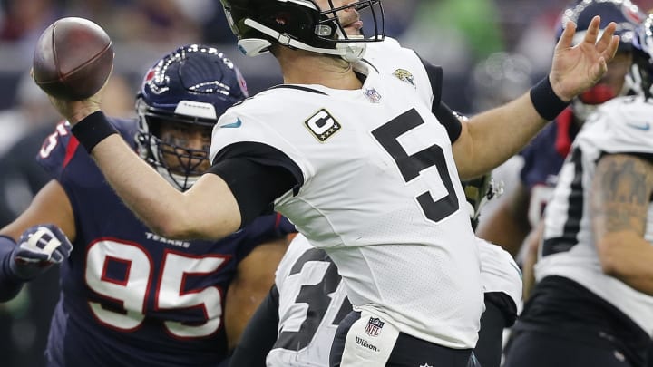 HOUSTON, TEXAS – DECEMBER 30: Blake Bortles #5 of the Jacksonville Jaguars throws a pass during the third quarter against the Houston Texans at NRG Stadium on December 30, 2018 in Houston, Texas. (Photo by Bob Levey/Getty Images)