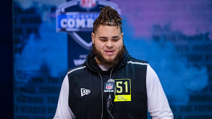 INDIANAPOLIS, IN – FEBRUARY 26: Jedrick Wills #OL51 of the Alabama Crimson Tide speaks to the media at the Indiana Convention Center on February 26, 2020 in Indianapolis, Indiana. (Photo by Michael Hickey/Getty Images) *** Local caption *** Jedrick Wills