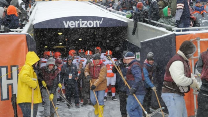 Dec 24, 2017; Chicago, IL, USA; Snow is cleared out in front of the Cleveland Browns before entering the field prior to a game against the Chicago Bears at Soldier Field. The Bears won 20-3. Mandatory Credit: Patrick Gorski-USA TODAY Sports