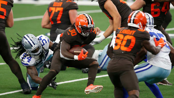 Oct 4, 2020; Arlington, Texas, USA; Cleveland Browns running back D'Ernest Johnson (30) runs the ball in the third quarter against the Dallas Cowboys at AT&T Stadium. Mandatory Credit: Tim Heitman-USA TODAY Sports