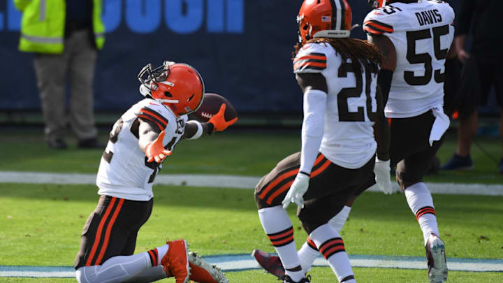 Dec 6, 2020; Nashville, Tennessee, USA; Cleveland Browns strong safety Karl Joseph (42) celebrates after recovering a fumble during the first half against the Tennessee Titans at Nissan Stadium. Mandatory Credit: Christopher Hanewinckel-USA TODAY Sports