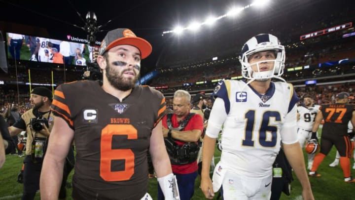 Sep 22, 2019; Cleveland, OH, USA; Cleveland Browns quarterback Baker Mayfield (6) and Los Angeles Rams quarterback Jared Goff (16) talk after the game at FirstEnergy Stadium. The Rams won 20-13. Mandatory Credit: Scott R. Galvin-USA TODAY Sports