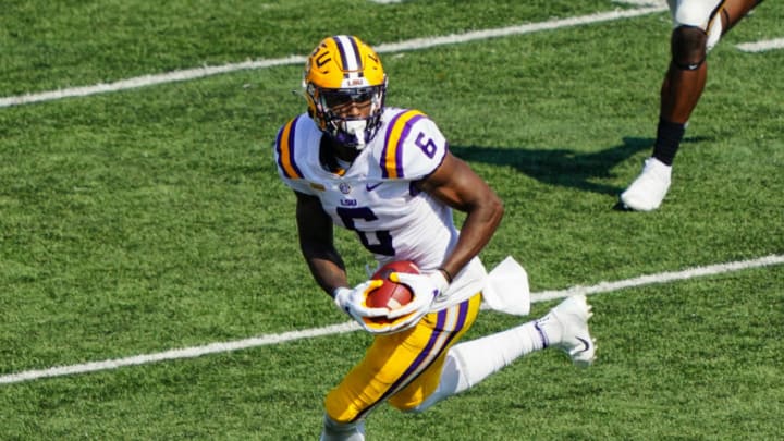 Oct 10, 2020; Columbia, Missouri, USA; LSU Tigers wide receiver Terrace Marshall Jr. (6) runs against the Missouri Tigers during the second half at Faurot Field at Memorial Stadium. Mandatory Credit: Jay Biggerstaff-USA TODAY Sports Oct 10, 2020; Columbia, Missouri, USA; LSU Tigers wide receiver Terrace Marshall Jr. (6) runs against the Missouri Tigers during the second half at Faurot Field at Memorial Stadium. Mandatory Credit: Jay Biggerstaff-USA TODAY Sports
