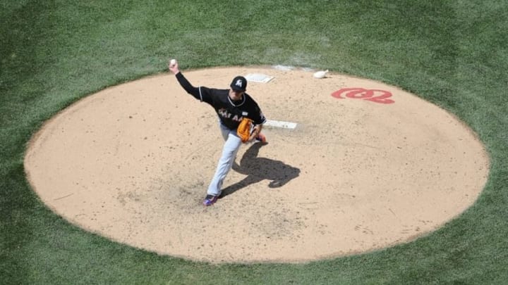 May 15, 2016; Washington, DC, USA; Miami Marlins starting pitcher Jose Fernandez (16) throws to the Washington Nationals during the fifth inning at Nationals Park. Mandatory Credit: Brad Mills-USA TODAY Sports
