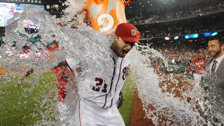 May 11, 2016; Washington, DC, USA; Washington Nationals starting pitcher Max Scherzer (31) is doused with water after striking out an MLB record 20 batters against the Detroit Tigers at Nationals Park. The Washington Nationals won 3-2. Mandatory Credit: Brad Mills-USA TODAY Sports