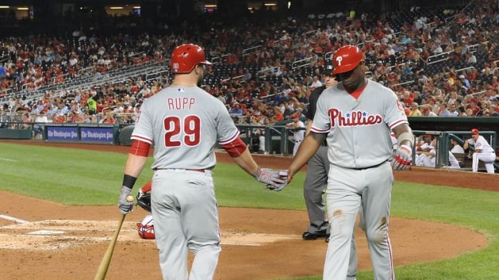 Sep 8, 2016; Washington, DC, USA; Philadelphia Phillies first baseman Ryan Howard (6) is congratulated by Phillies catcher Cameron Rupp (29) after hitting a three run homer during the third inning at Nationals Park. Mandatory Credit: Brad Mills-USA TODAY Sports